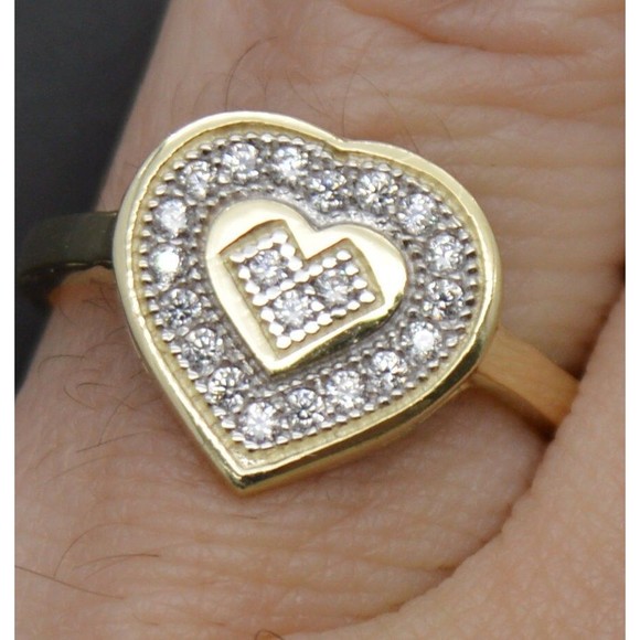 Real 10K Solid Yellow Gold Shiny Double Heart CZ Ring 2.7gr All Sizes - Picture 2 of 6